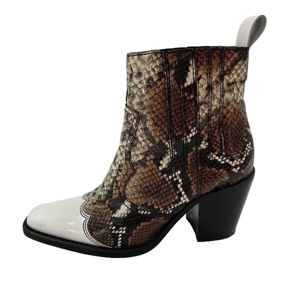 GANNI Caramel Lovina 70 Leather Cowgirl Style Ankle Boots in Snake Print… - Picture 1 of 10